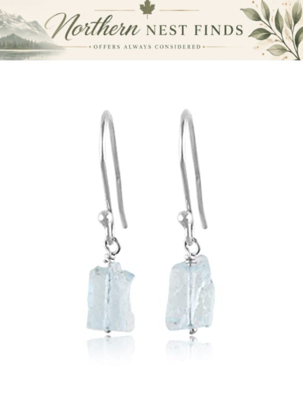 Raw Aquamarine Dangle Earrings 925 Sterling Silver Rhodium Plated